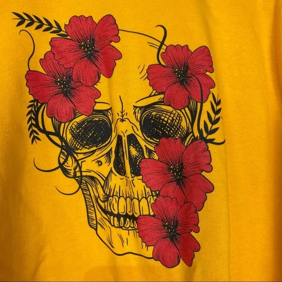 Day of the dead skull floral marigold yellow crewneck sweatshirt medium - Picture 2 of 7